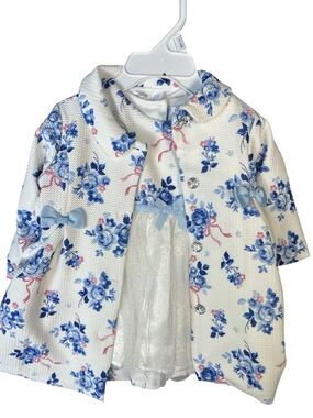 NWT Nannette Blue and White Floral Baby Jacket and Dress with Bow